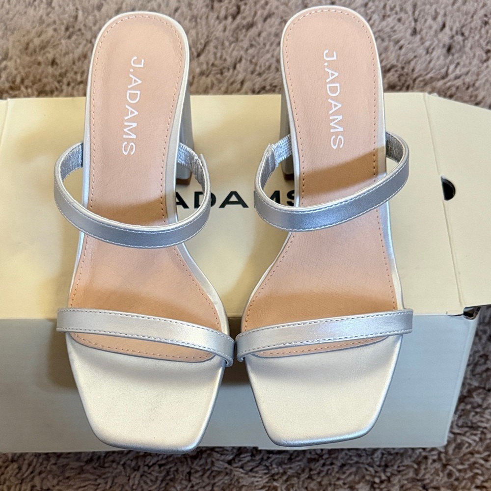 j. Adams Silver Double-Strap Square-Toe Heeled Sandals